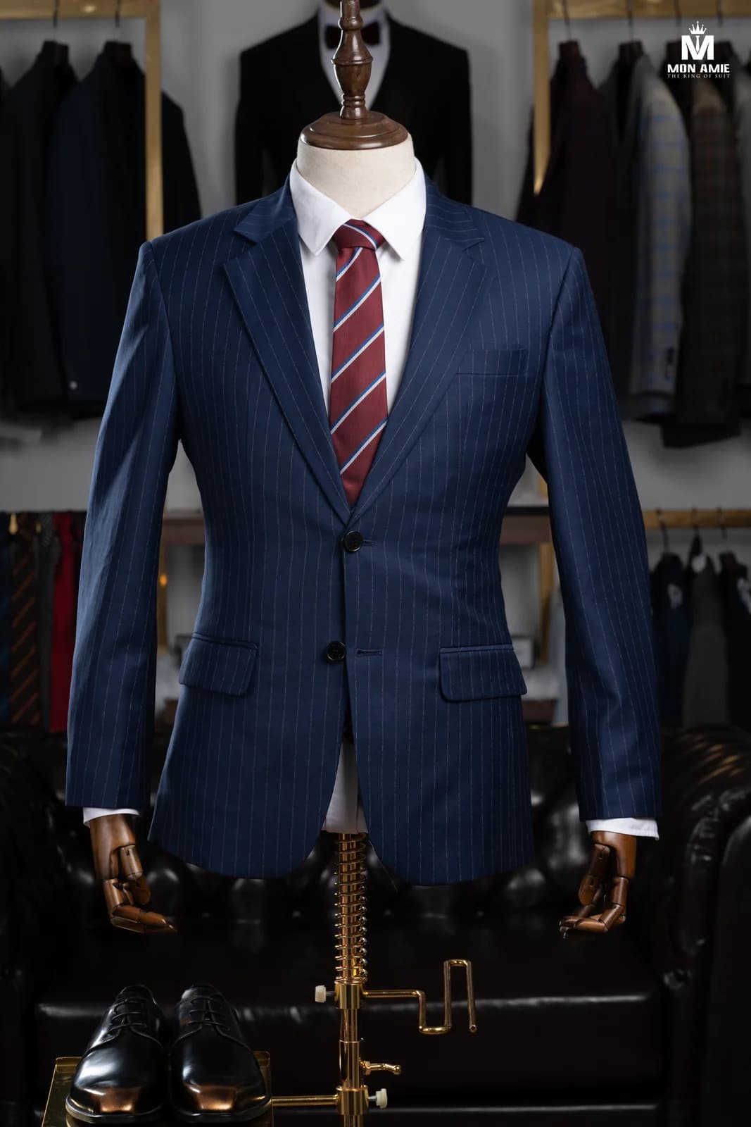 Suit Hai Nút Xanh Navy Kẻ Sọc Mảnh Trắng Cam Ve Chữ V
