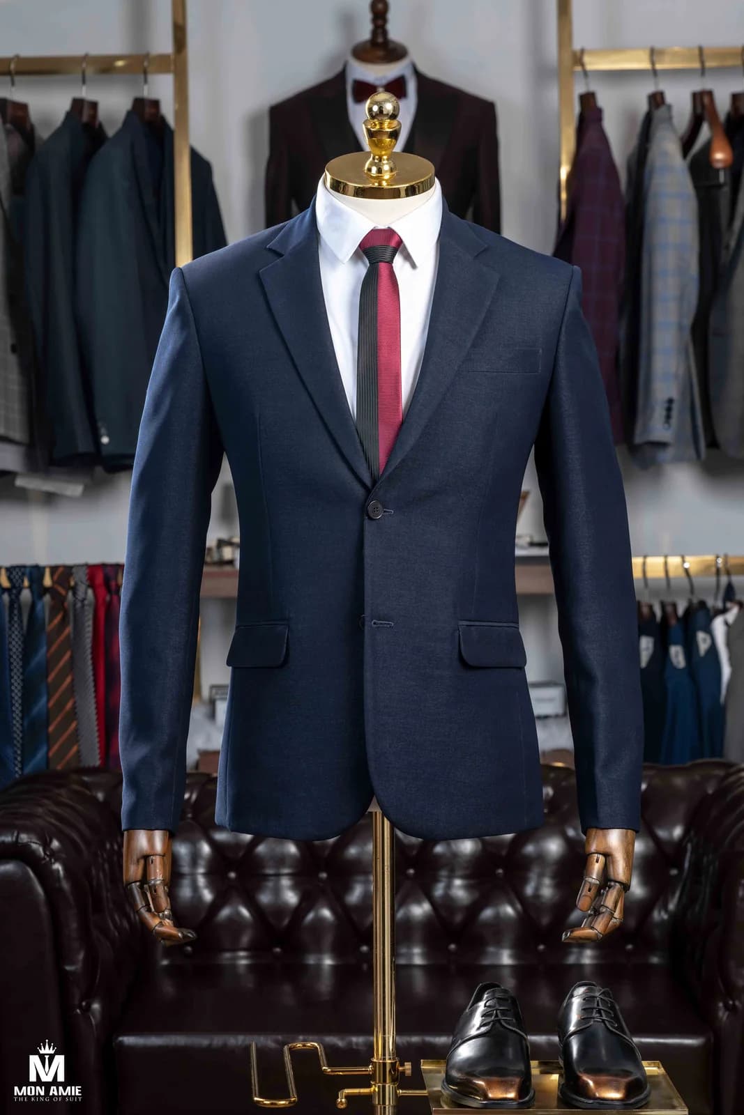 Suit Hai Nút Xanh Navy Đậm Vân Hạt Mịn Ve Chữ V
