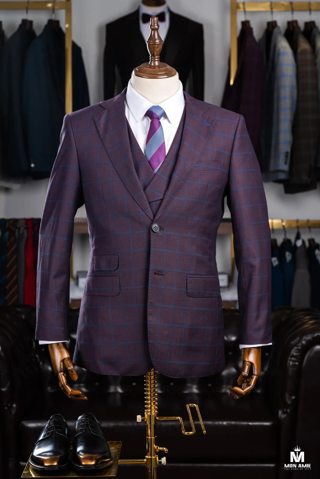 Suit Ba Mảnh Tím Mận Kẻ Ô Cửa Sổ Xanh Gile Hai Hàng