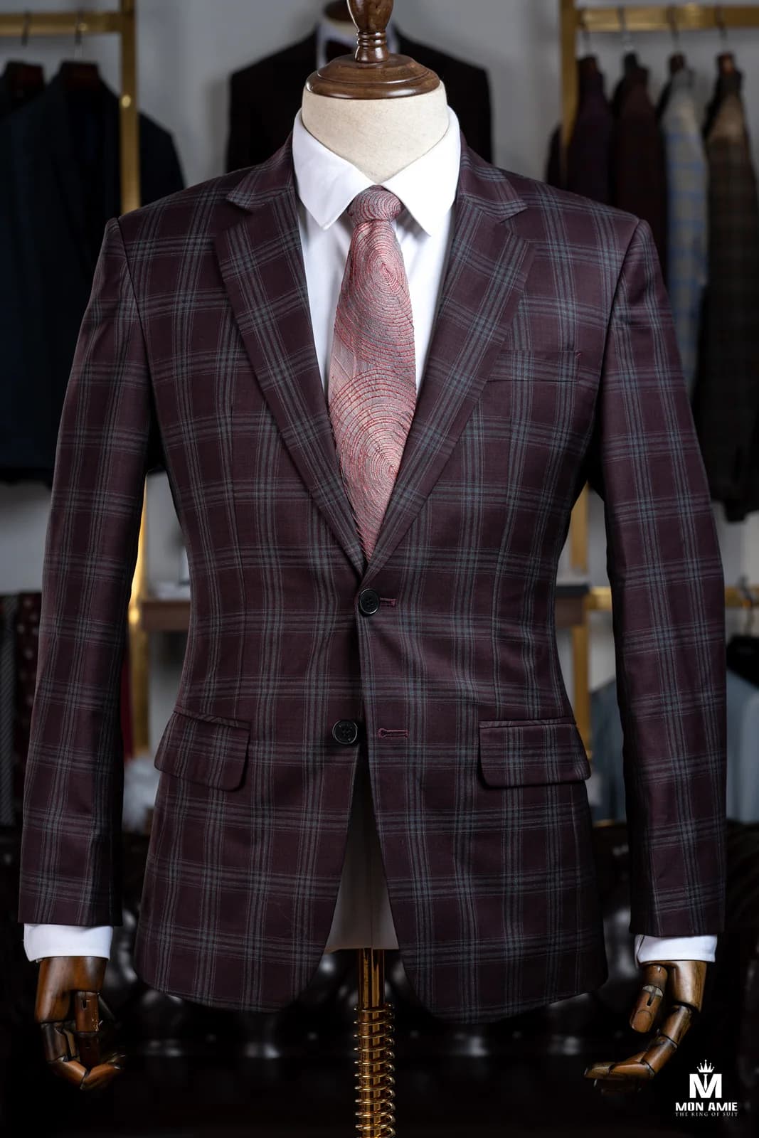 Suit Đỏ Mận Kẻ Ô Xám Xanh Hai Nút Ve Chữ V