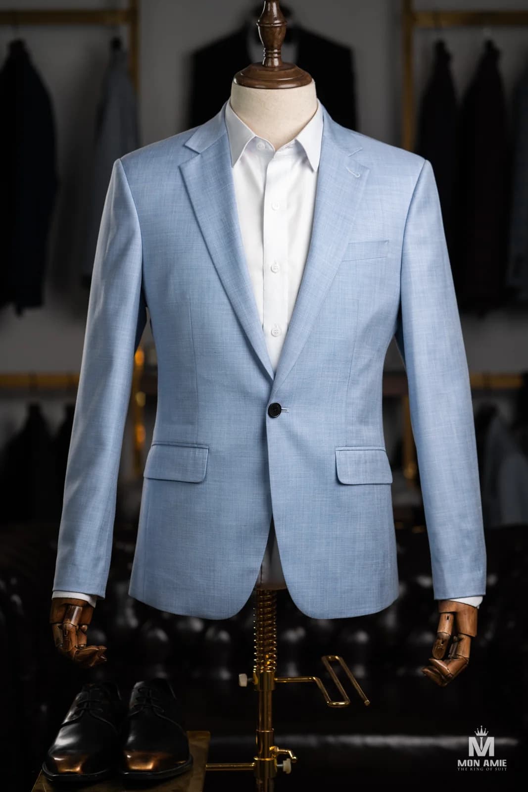 Suit Xanh Băng Vân Dệt Mộc Một Nút Ve Chữ V