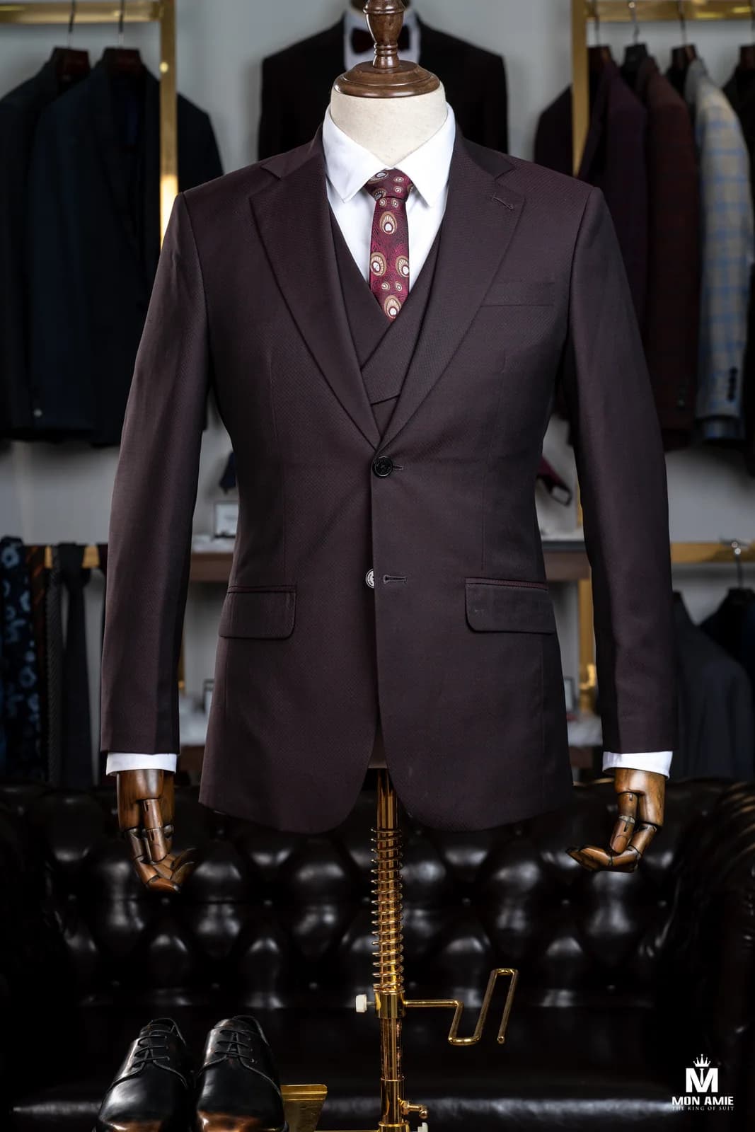 Suit Ba Mảnh Nâu Mận Vân Vi Hạt Gilê Hai Hàng Nút