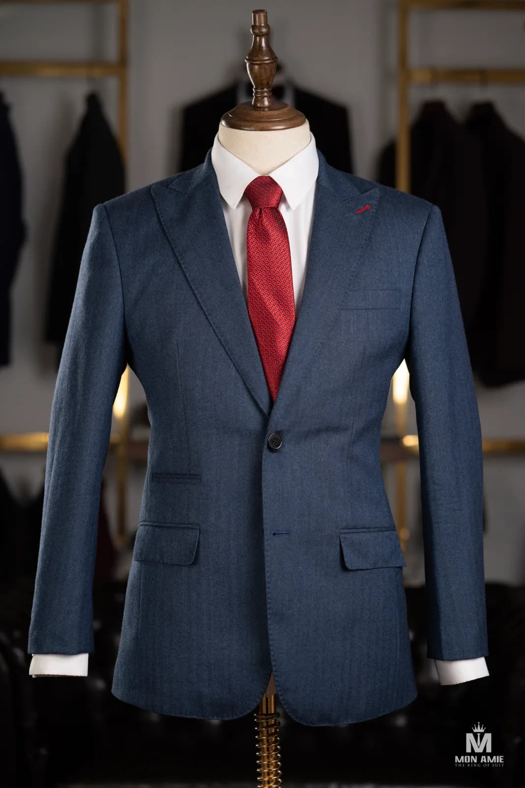 Suit Xanh Denim Xương Cá Ve Nhọn Hai Nút