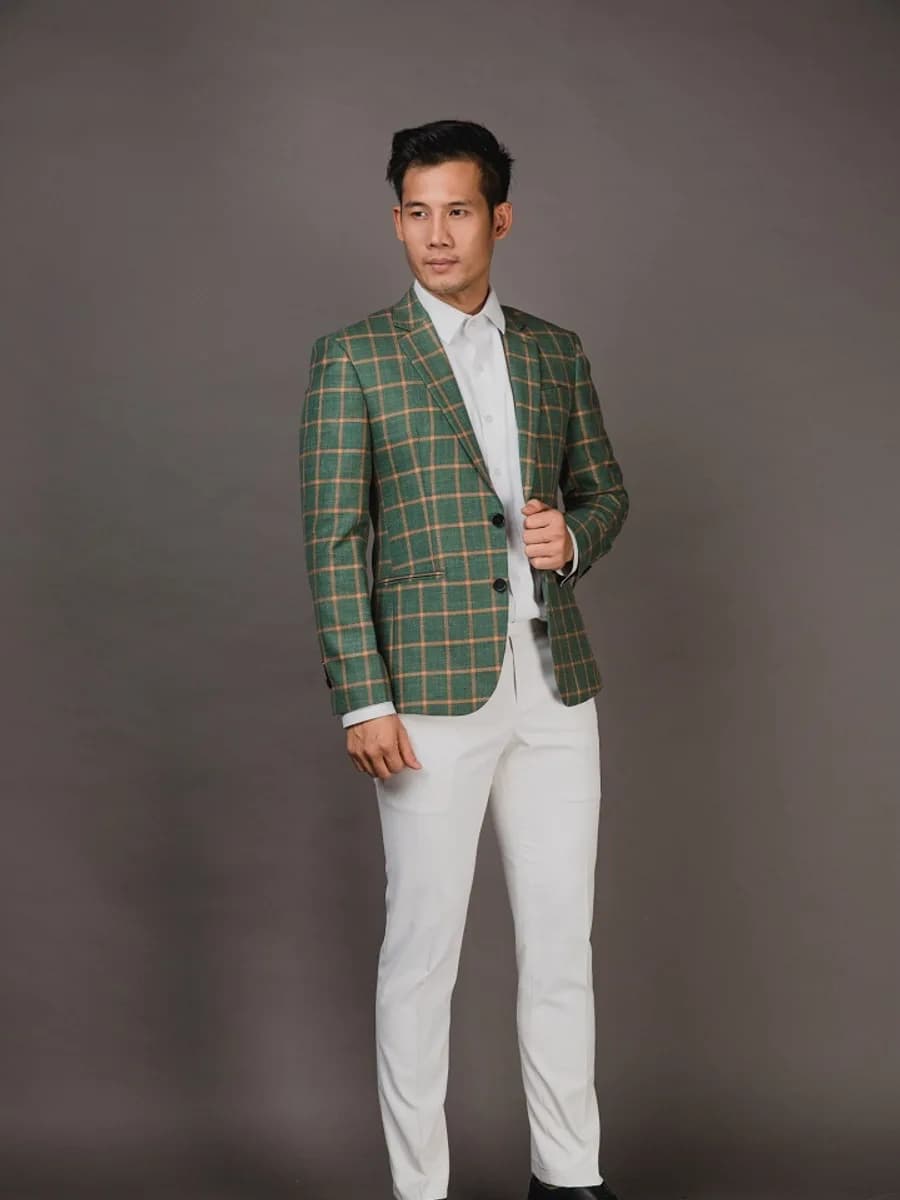 Blazer Xanh Lá Caro Ô Lớn Kẻ Cam