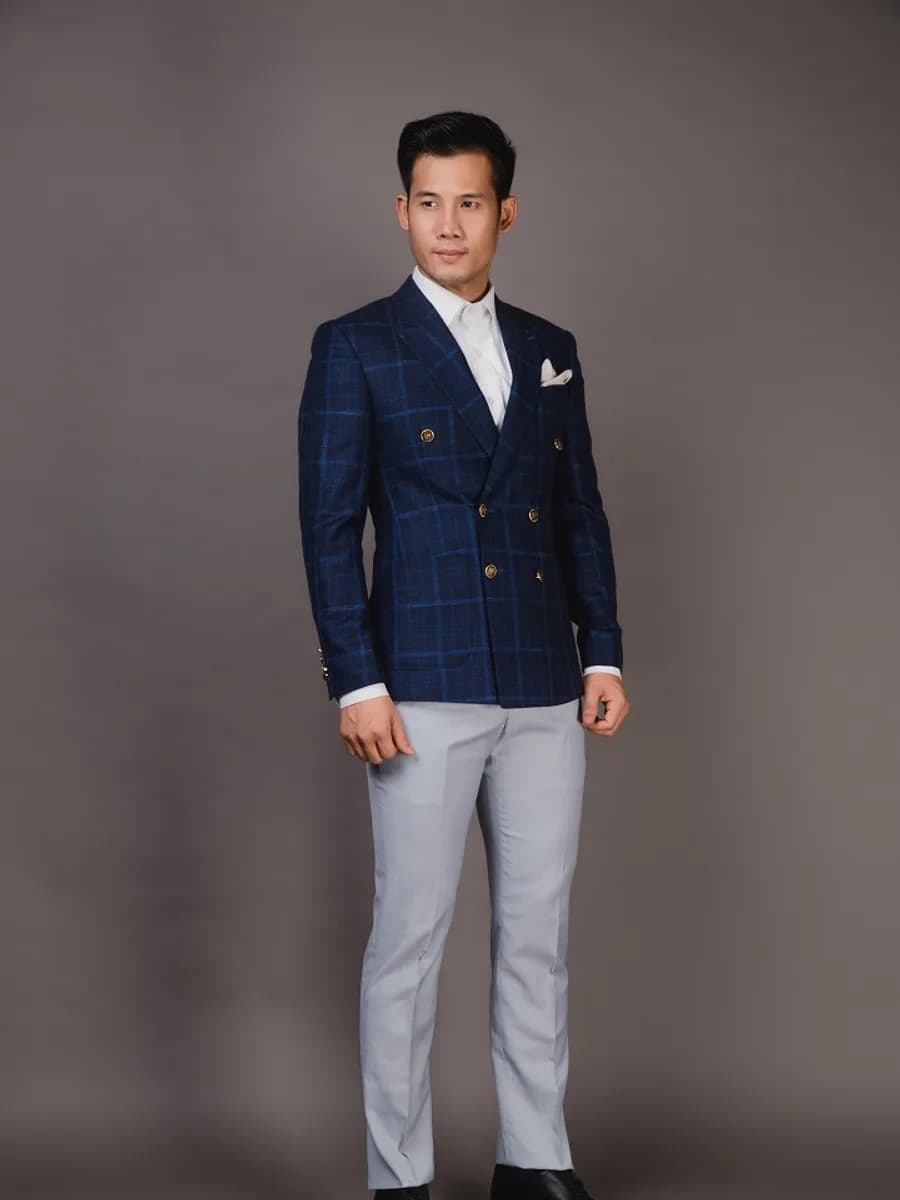 Blazer Navy Caro Xanh Dương, Cài Kép Khuy Vàng