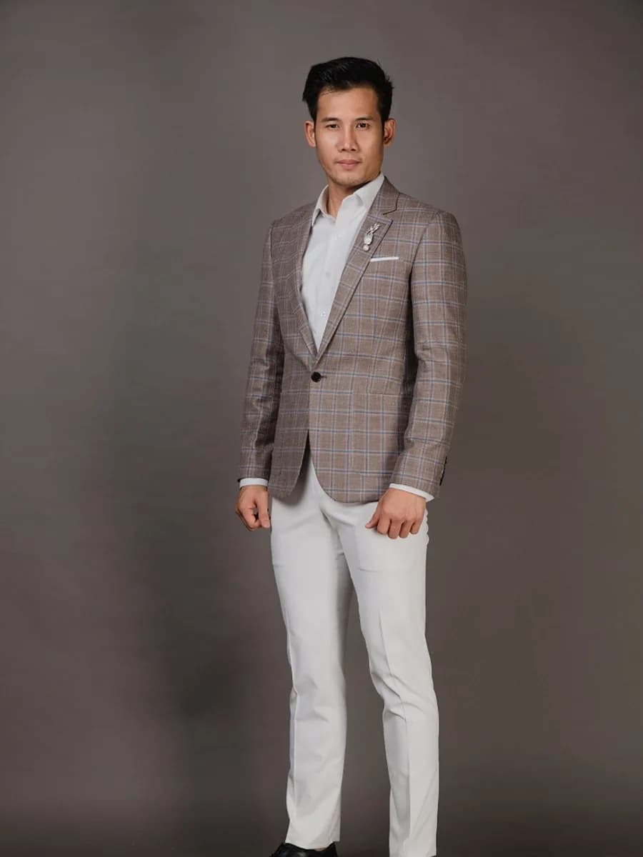 Blazer Taupe Caro Kẻ Xanh Nhạt, Ve Peak Hẹp