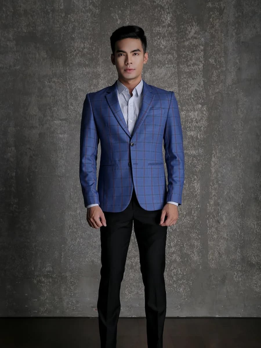 Blazer Xanh Cobalt Caro Ô Lớn Kẻ Tím Đen