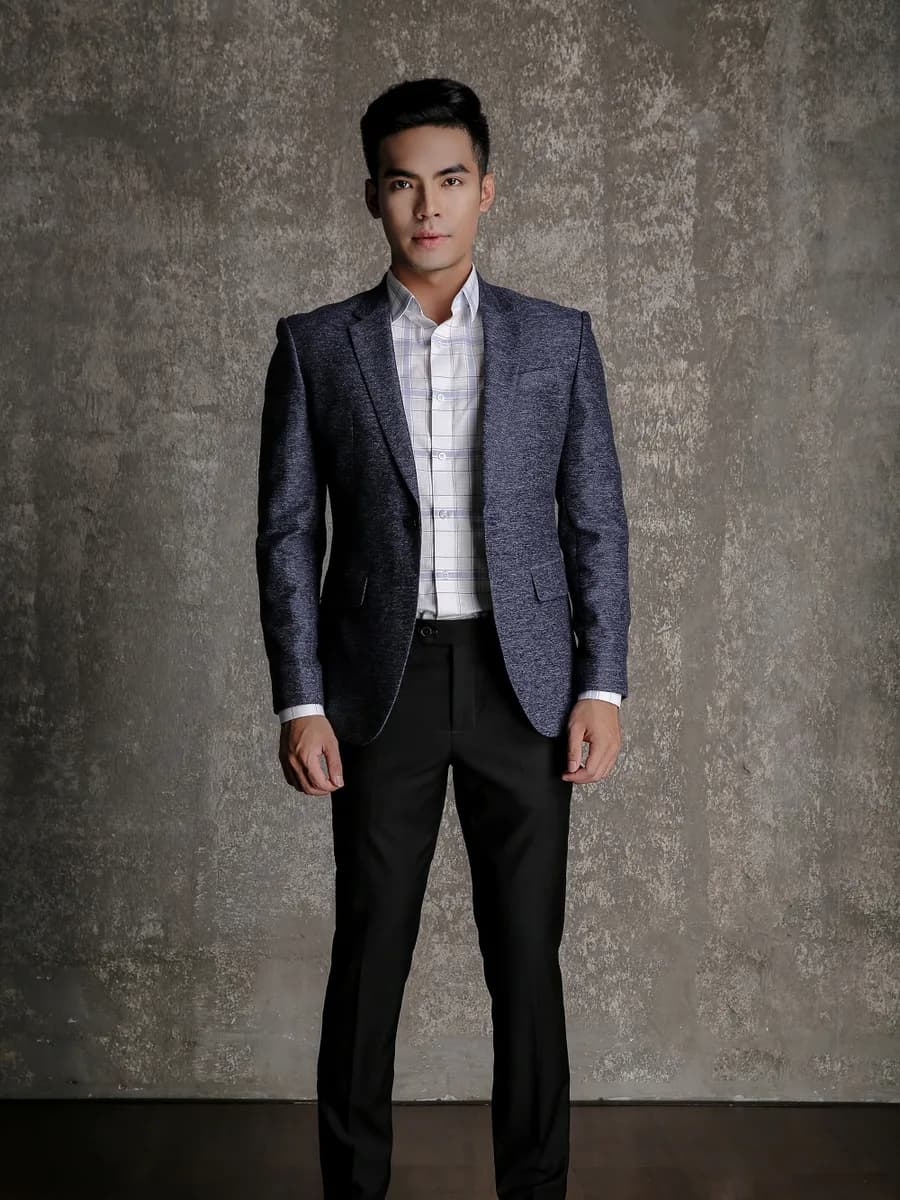 Blazer Xanh Navy Melange Một Khuy Túi Nắp
