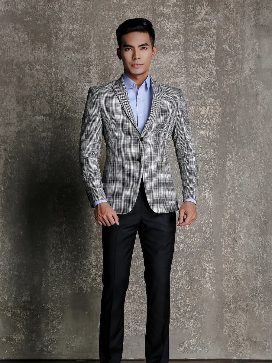 Blazer Xám Glen Check Đen Trắng Xanh Nhạt