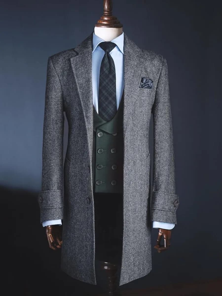 Áo Măng Tô Tweed Xương Cá Xám Tay Có Đai