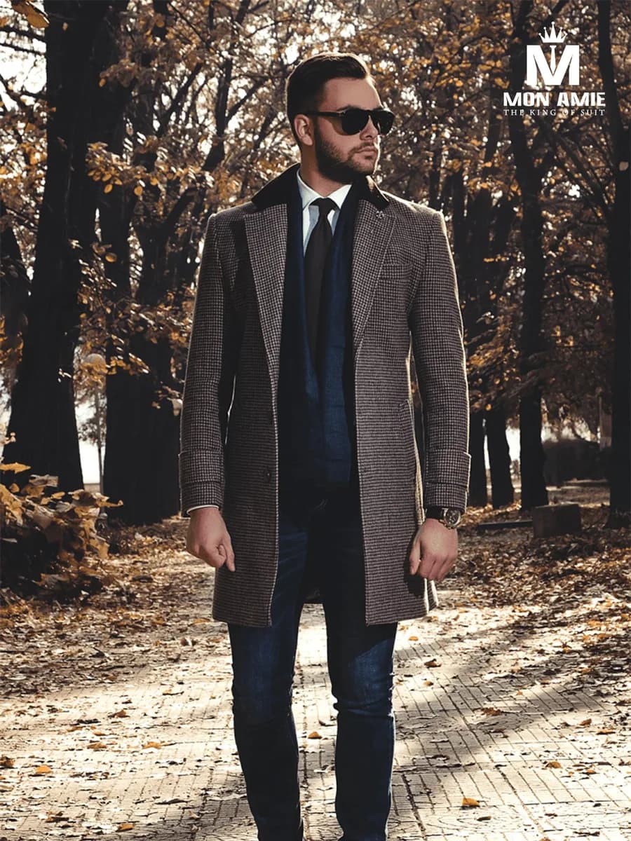 Áo Măng Tô Houndstooth Nâu Xám Cổ Nhung Đen