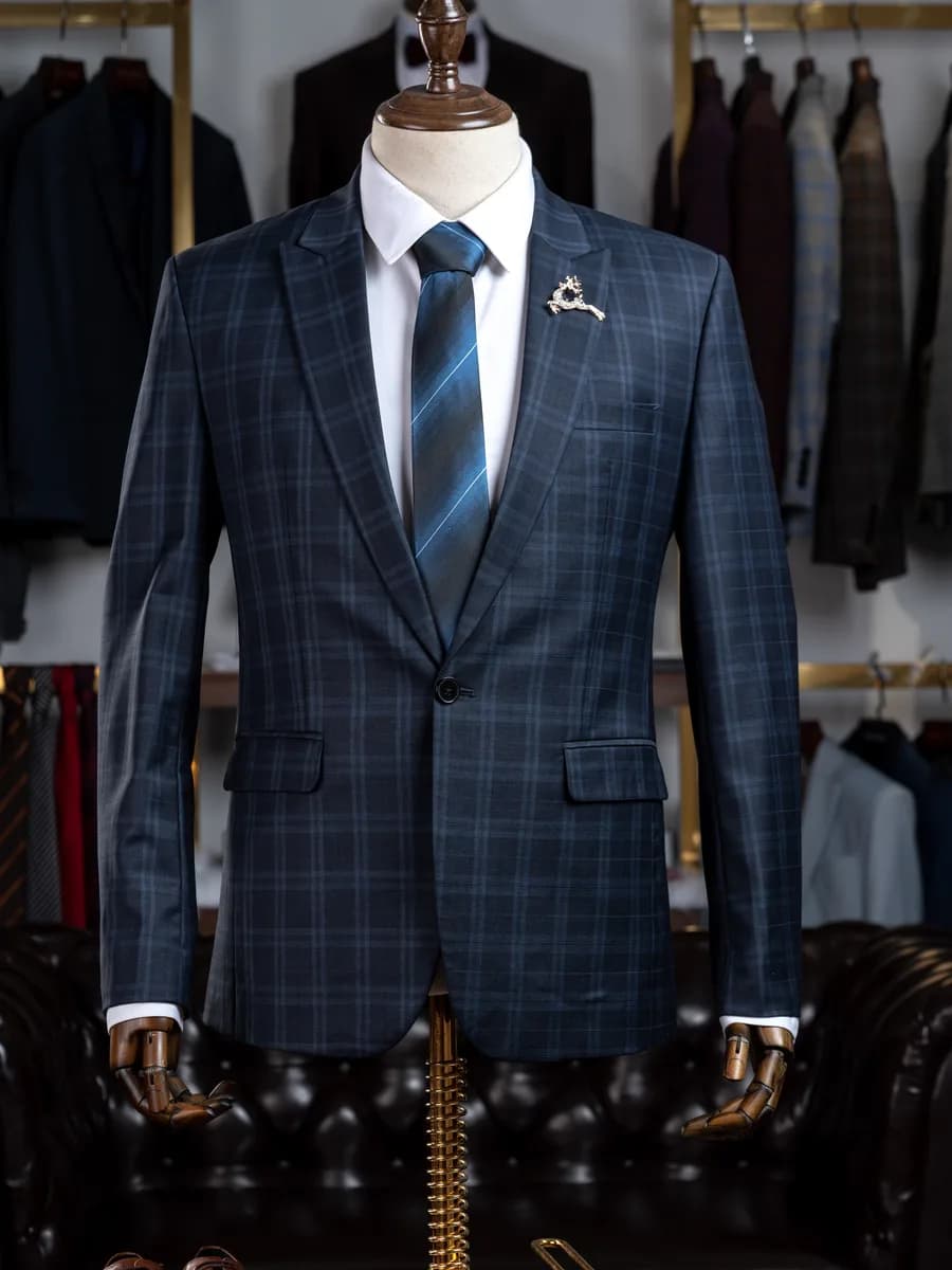 Suit Một Nút Xanh Navy Kẻ Ô Lớn Ve Nhọn