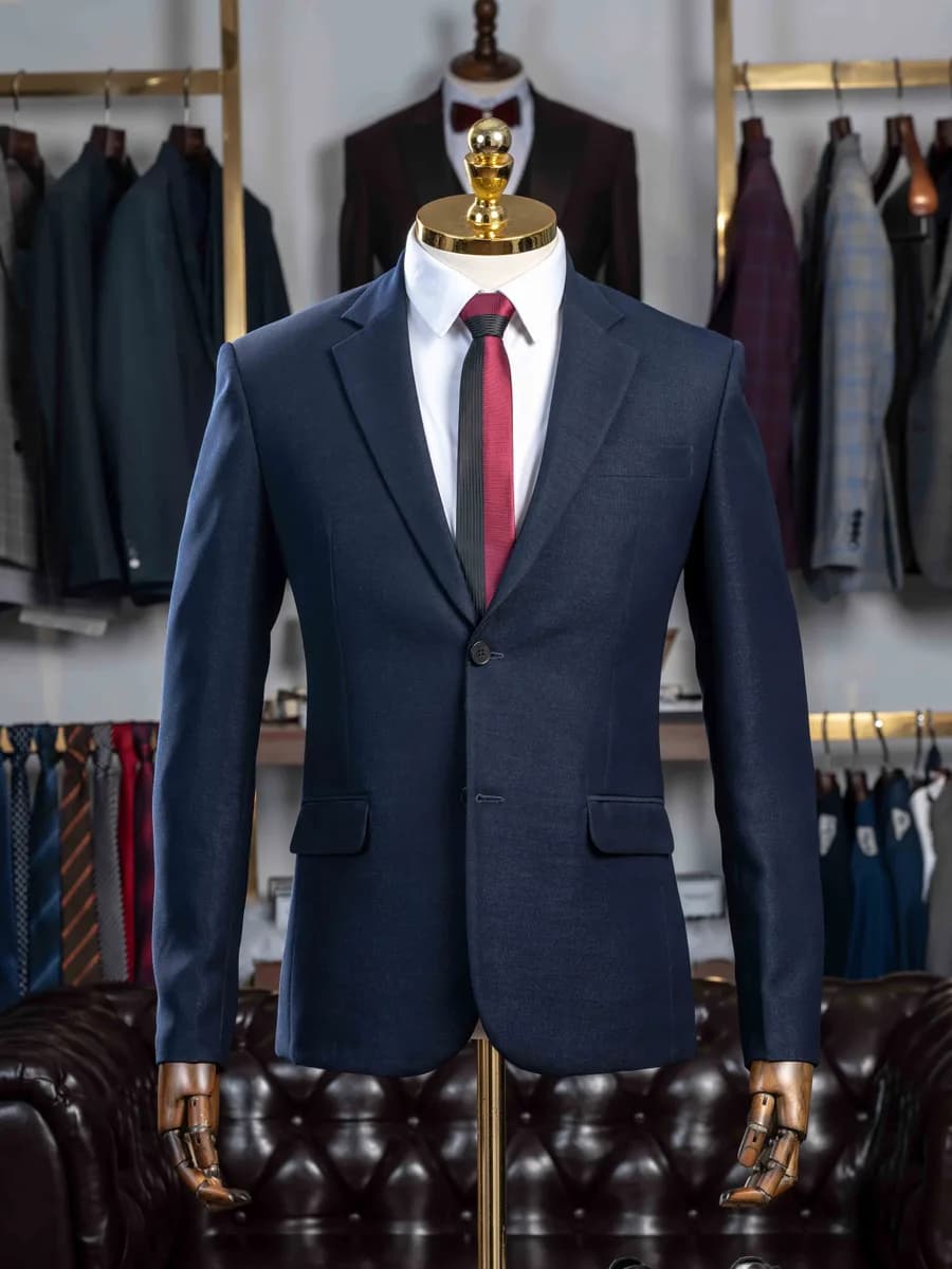Suit Hai Nút Xanh Navy Đậm Vân Hạt Mịn Ve Chữ V