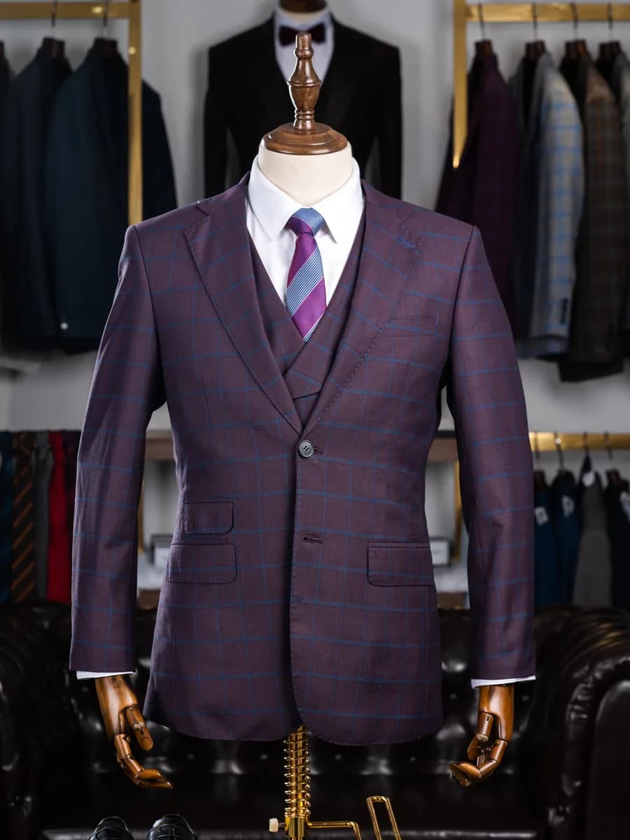 Suit Ba Mảnh Tím Mận Kẻ Ô Cửa Sổ Xanh Gile Hai Hàng