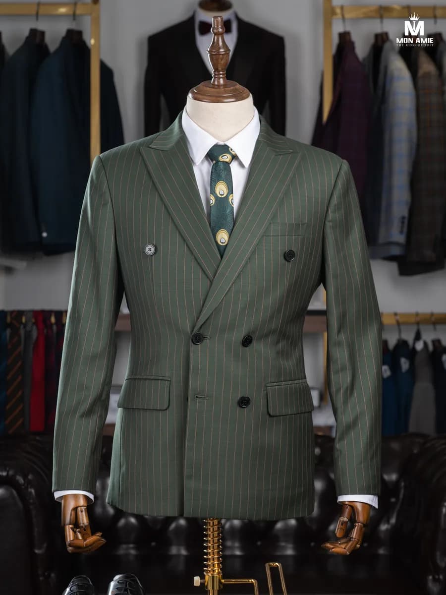 Suit Hai Hàng Nút Xanh Rêu Kẻ Sọc Cam Đồng Ve Nhọn