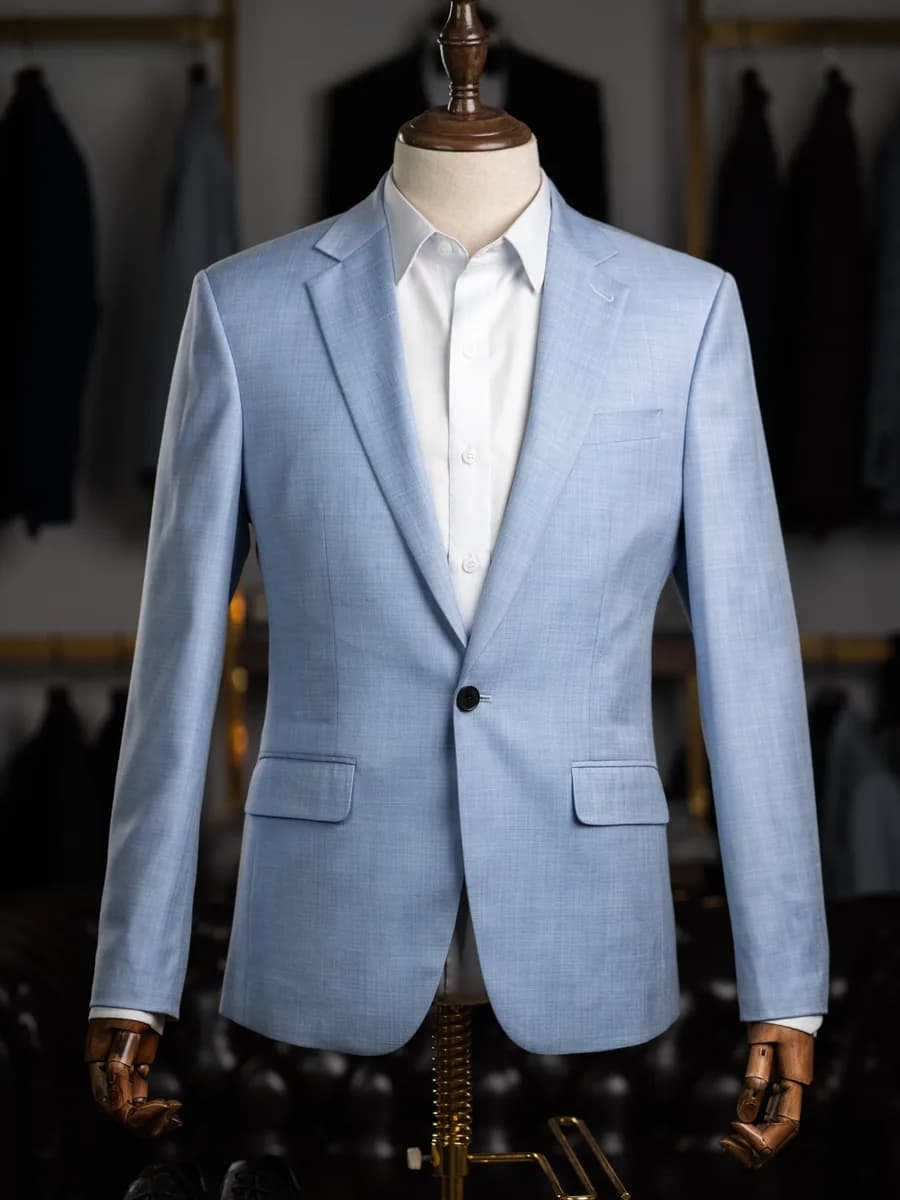 Suit Xanh Băng Vân Dệt Mộc Một Nút Ve Chữ V