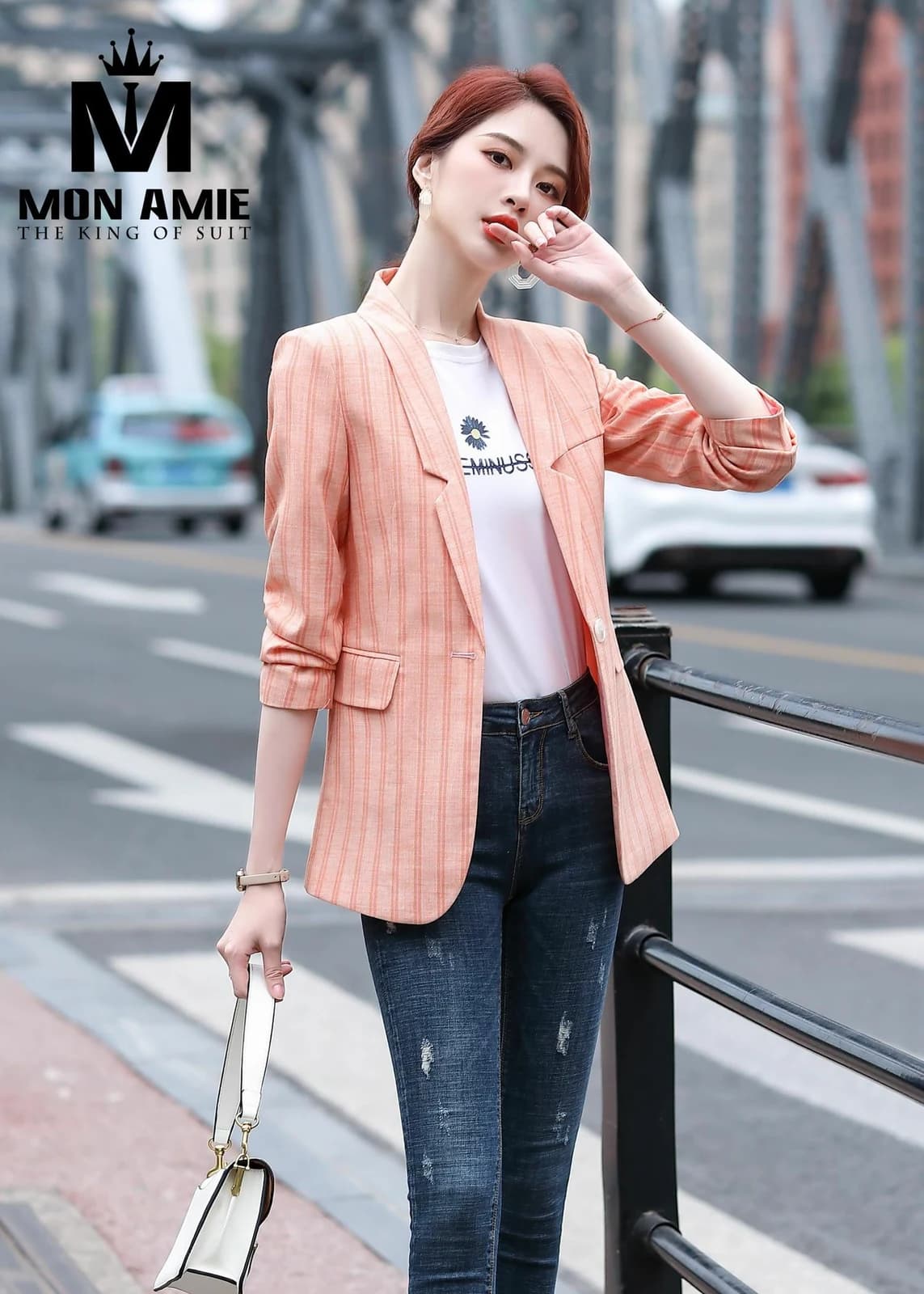 Blazer Cam San Hô Sọc Trắng