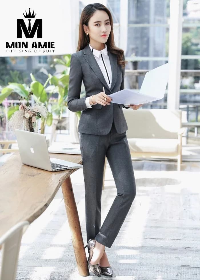 Suit Nữ Xám Đậm Một Nút Quần Âu Ống Đứng