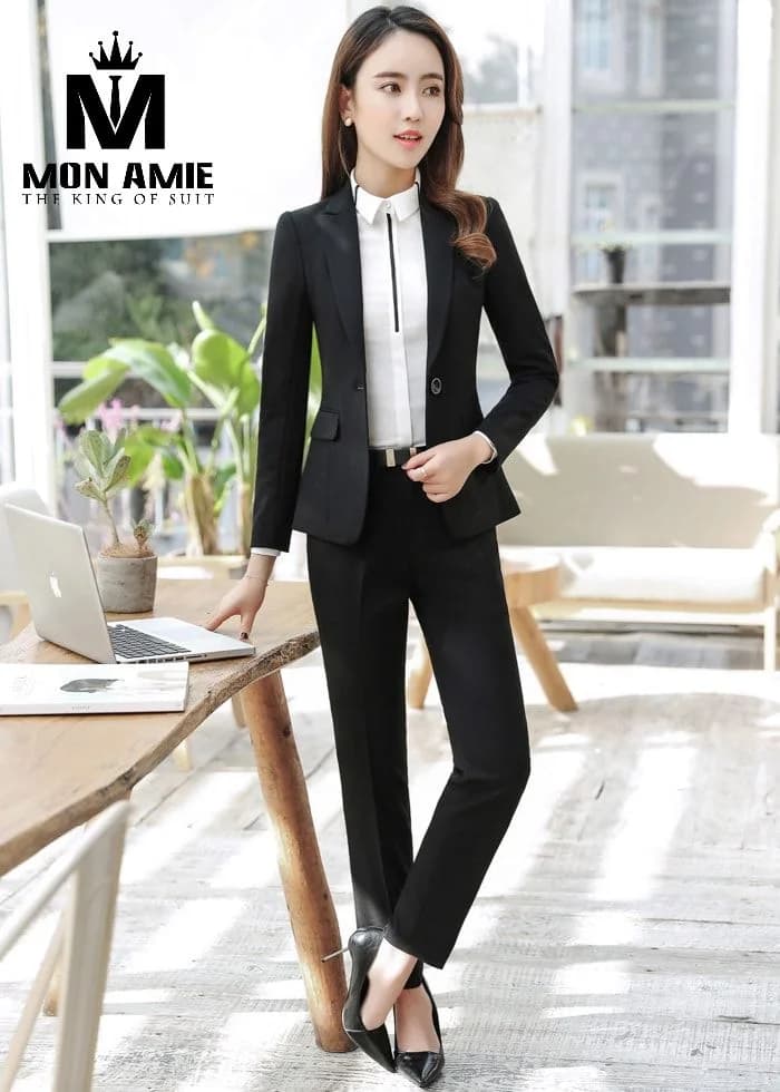 Suit Nữ Đen Một Nút Quần Âu Thắt Lưng Kim Loại