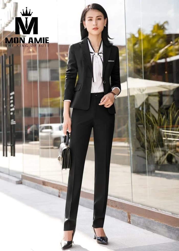 Suit Nữ Đen Ve Nhọn Sơ Mi Nơ Cổ Quần Ống Suông