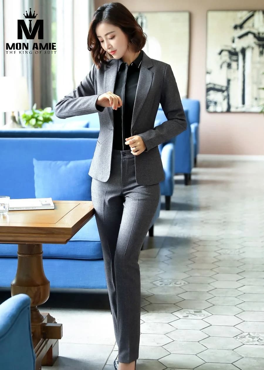 Suit Nữ Xám Ghi Vân Nhẹ Một Nút Quần Tây Ống Đứng