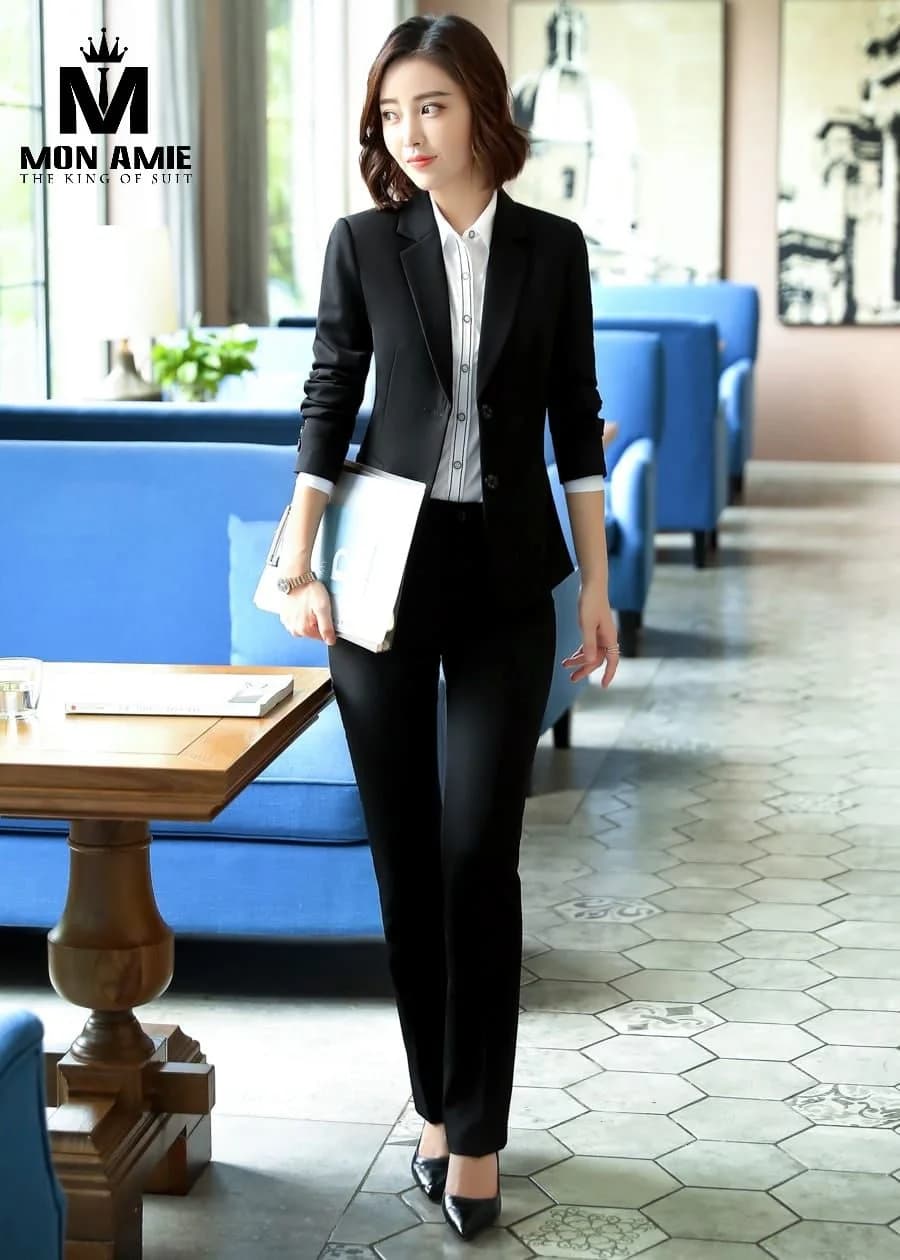 Suit Nữ Đen Quần Tây Ống Đứng Hai Nút Ve Nhọn