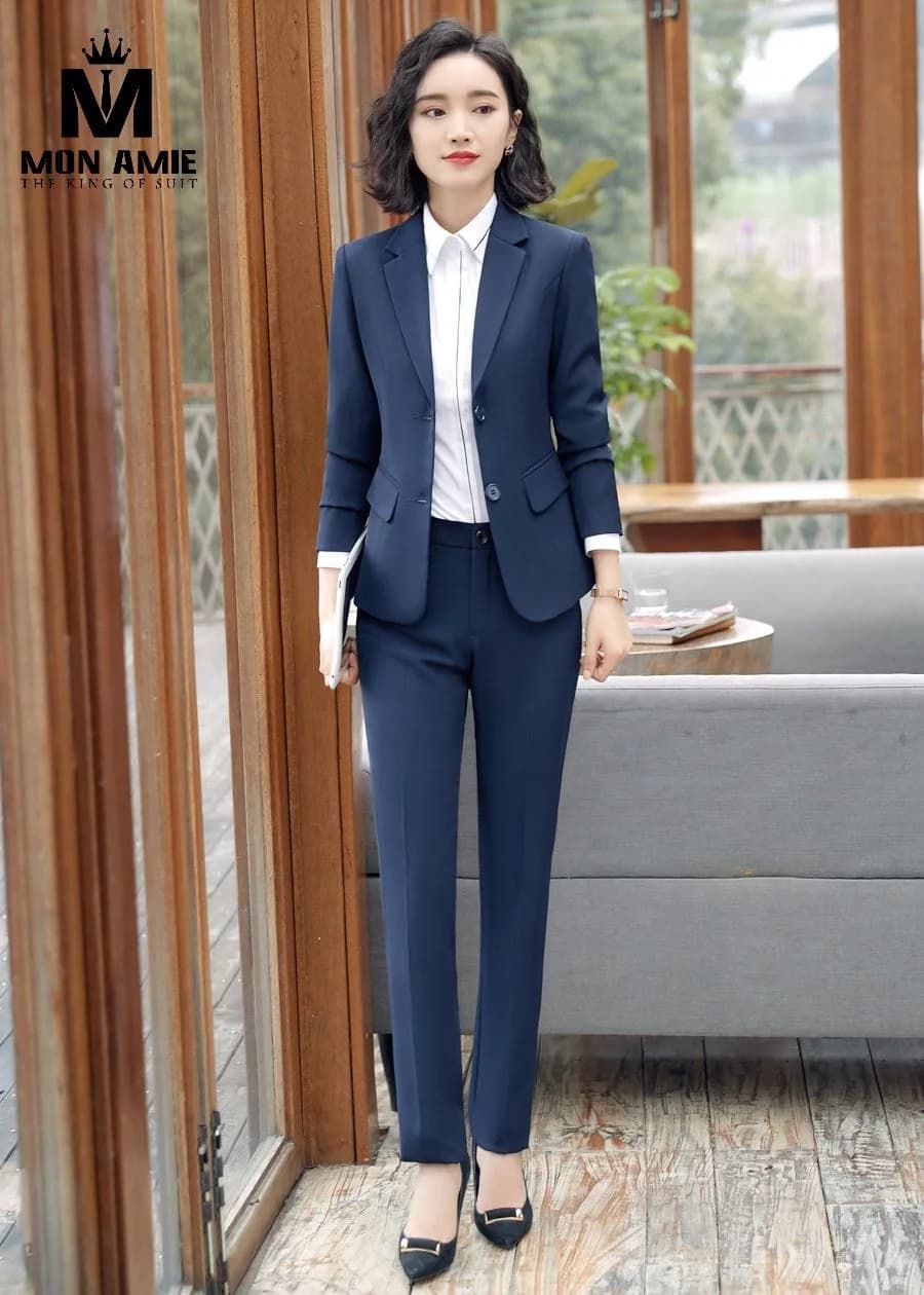Suit Nữ Xanh Dương Đậm Túi Nắp Quần Tây Cạp Cao
