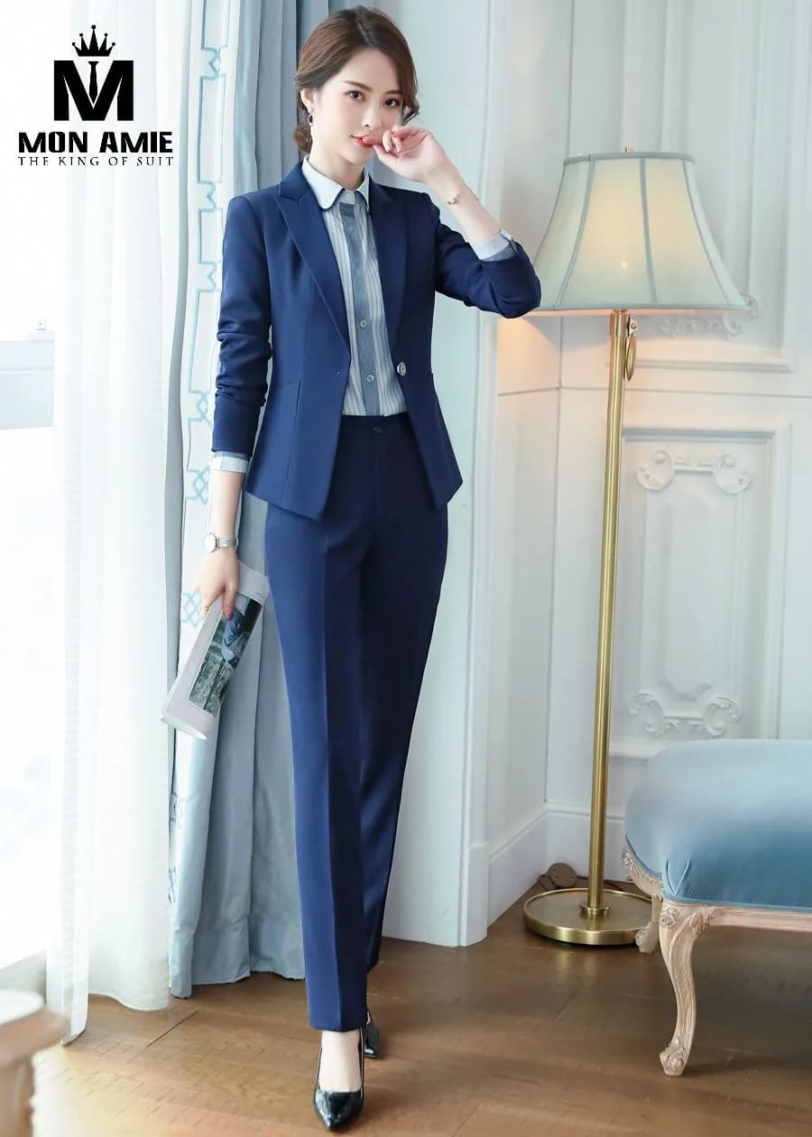Suit Nữ Xanh Hoàng Gia Một Nút Sơ Mi Sọc Xanh Ghi