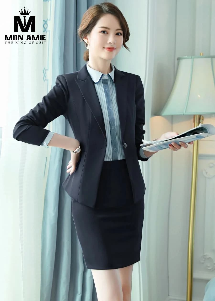 Suit Nữ Xanh Đen Váy Bút Chì Ve Bản Lớn Một Nút