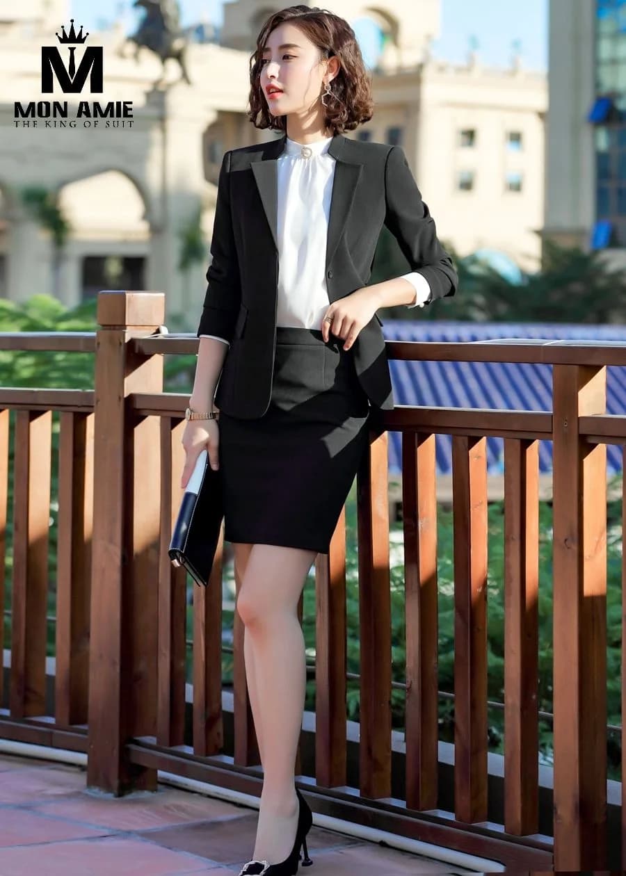 Suit Nữ Xám Đen Ve Lá Nhỏ Váy Ôm Blazer Dáng Suông