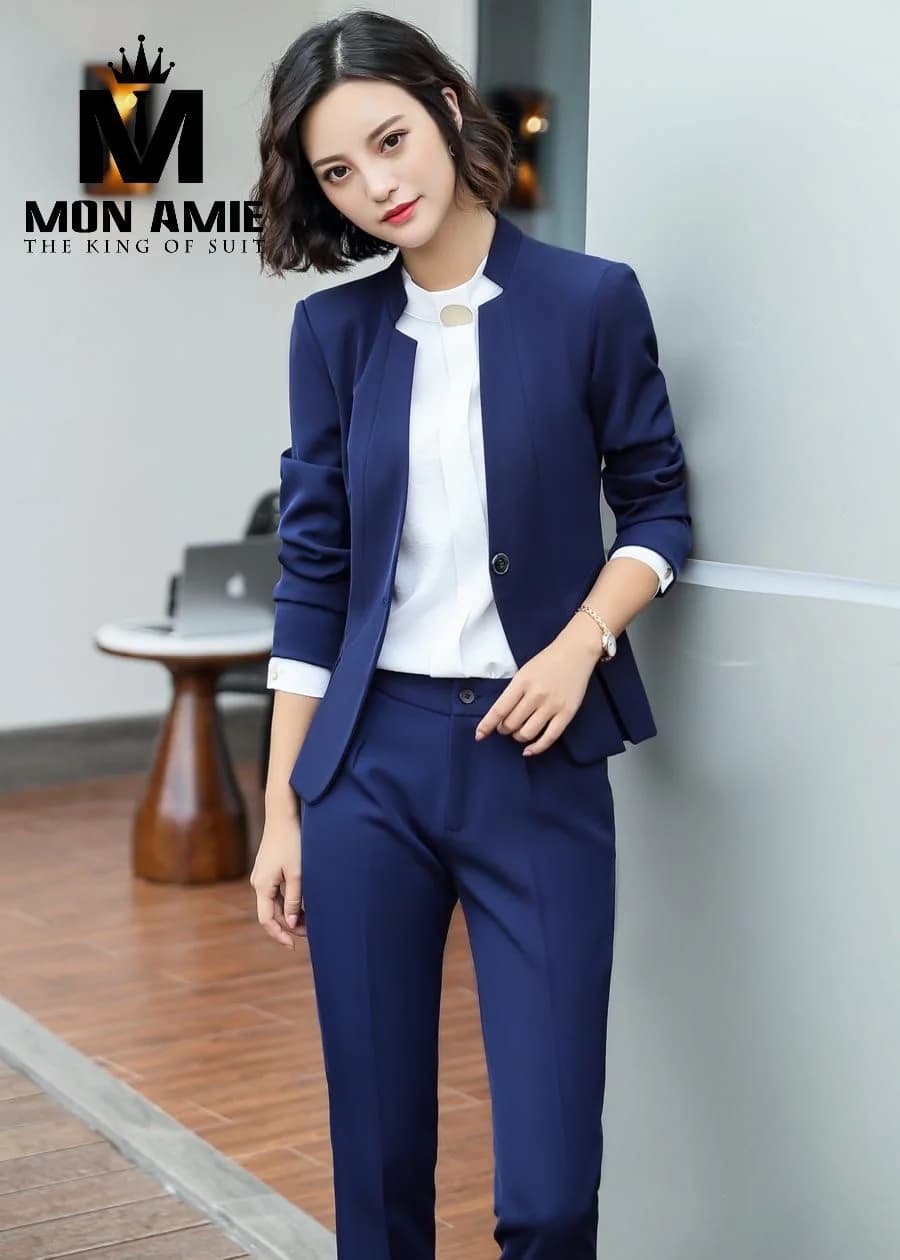Suit Nữ Xanh Navy Cổ Đứng Một Nút Quần Ống Đứng