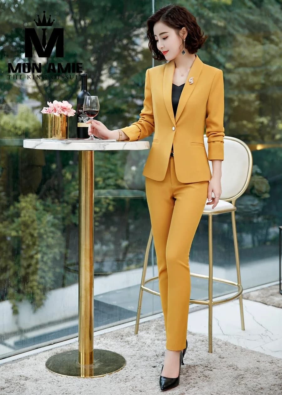 Suit Nữ Vàng Mù Tạt Ve Rộng Một Nút Quần Ống Đứng