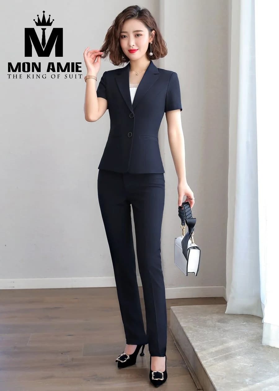 Suit Nữ Xanh Than Tay Ngắn Hai Nút Quần Ống Đứng