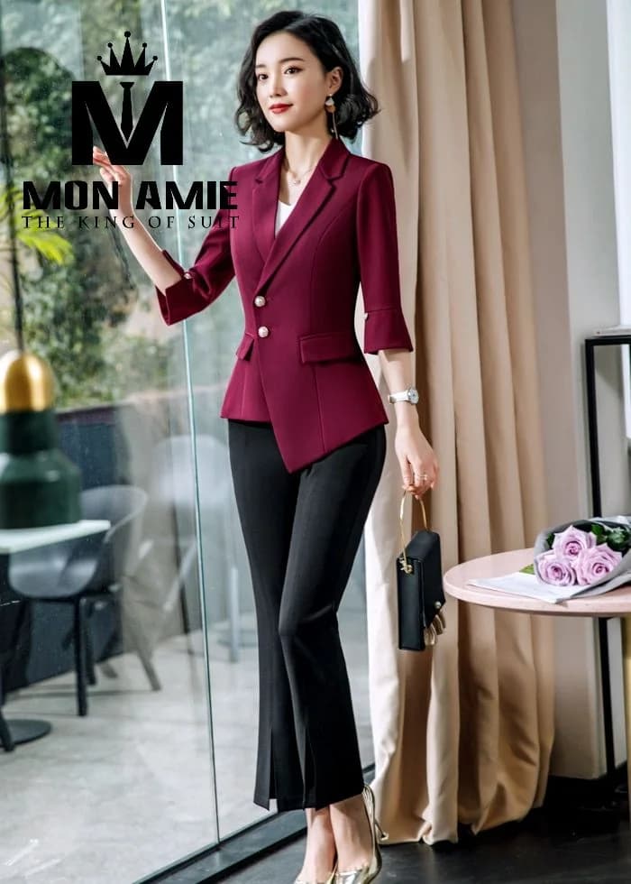 Vest Nữ Đỏ Rượu Vang Vạt Lệch Tay Loe Nút Ngọc Trai