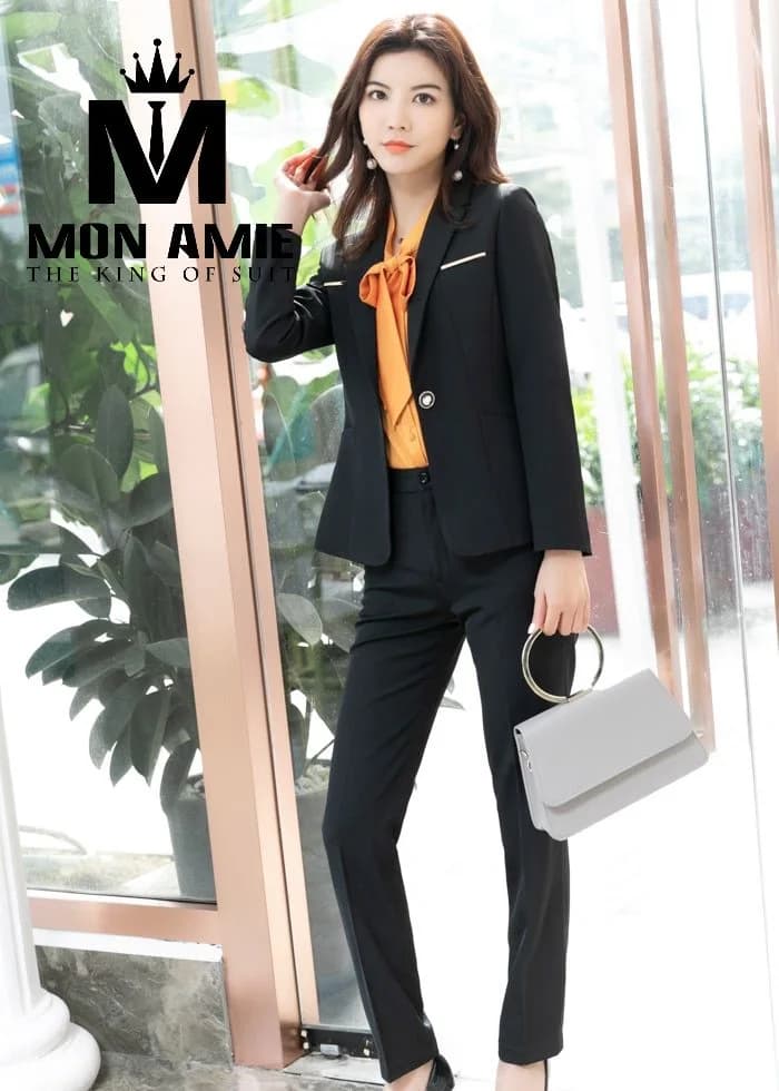 Vest Nữ Đen Một Nút Viền Ánh Vàng Quần Ống Đứng