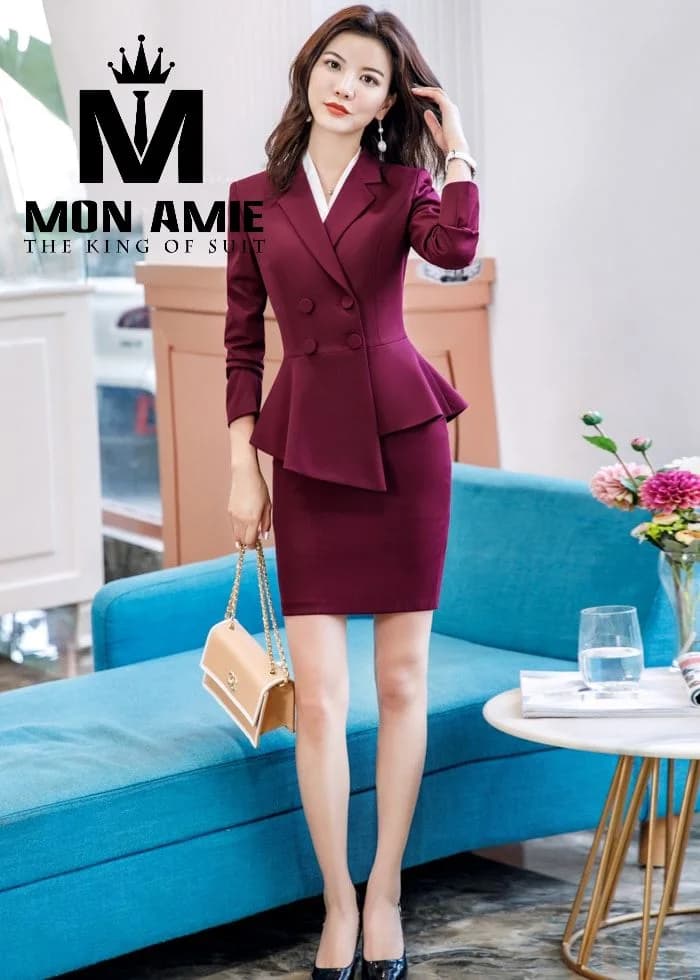 Suit Nữ Đỏ Mận Peplum Hai Hàng Nút Chân Váy Ôm