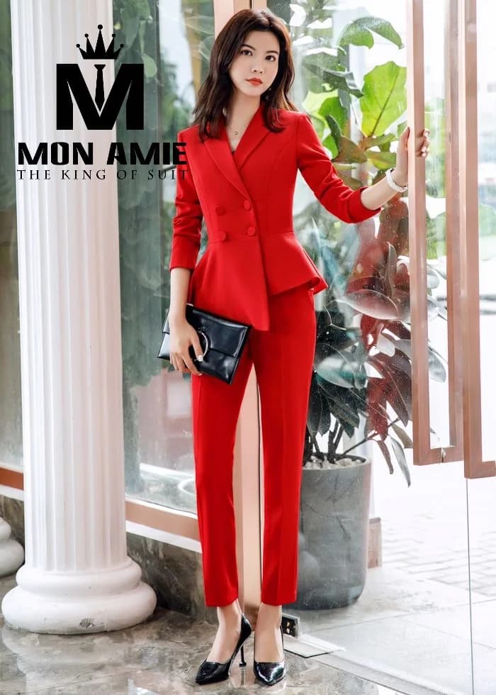 Suit Nữ Đỏ Tươi Peplum Hai Hàng Nút Kèm Quần Ống Đứng