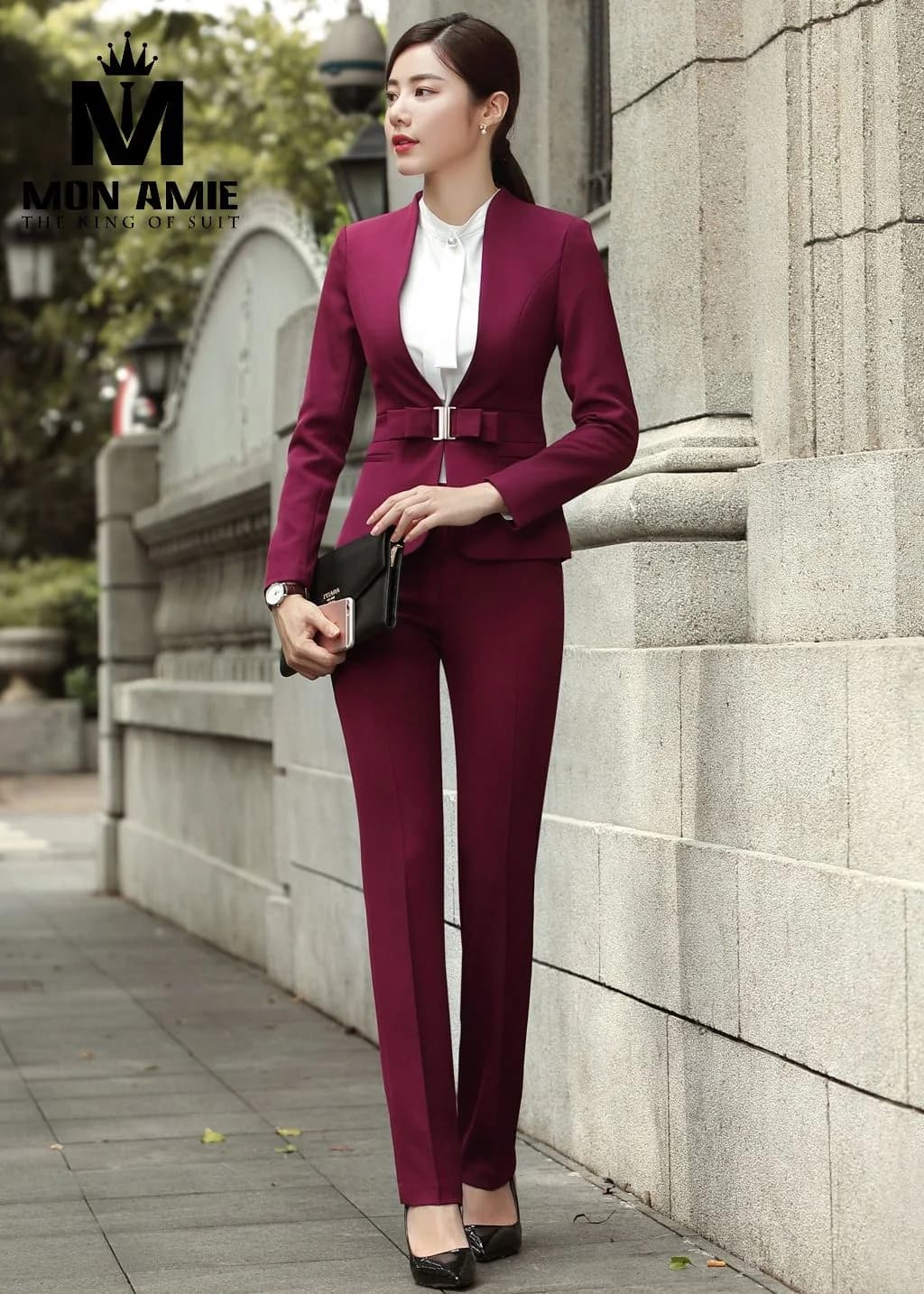 Suit Nữ Đỏ Tía Cổ V Đai Nơ Khóa Bạc Kèm Quần Ống Đứng
