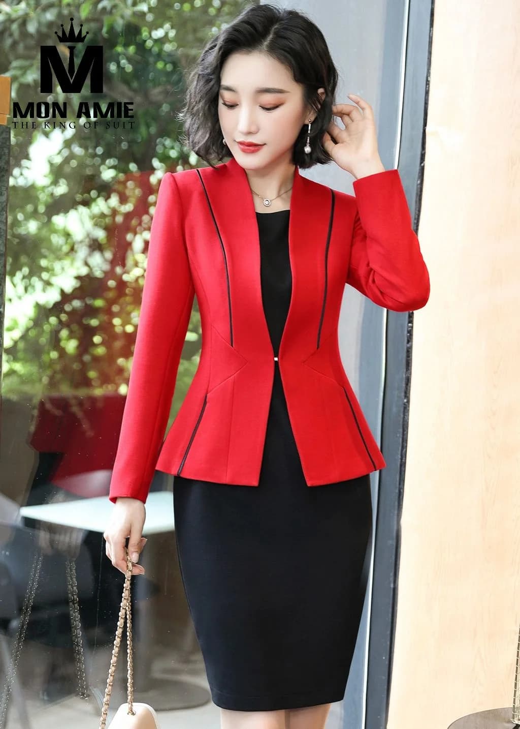 Suit Nữ Vest Đỏ Viền Đen Phối Đầm Đen
