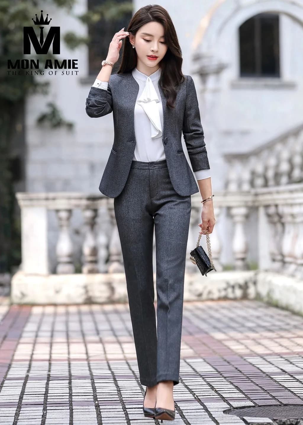 Suit Nữ Xám Ghi Vân Nhám Cổ Tròn Quần Tây