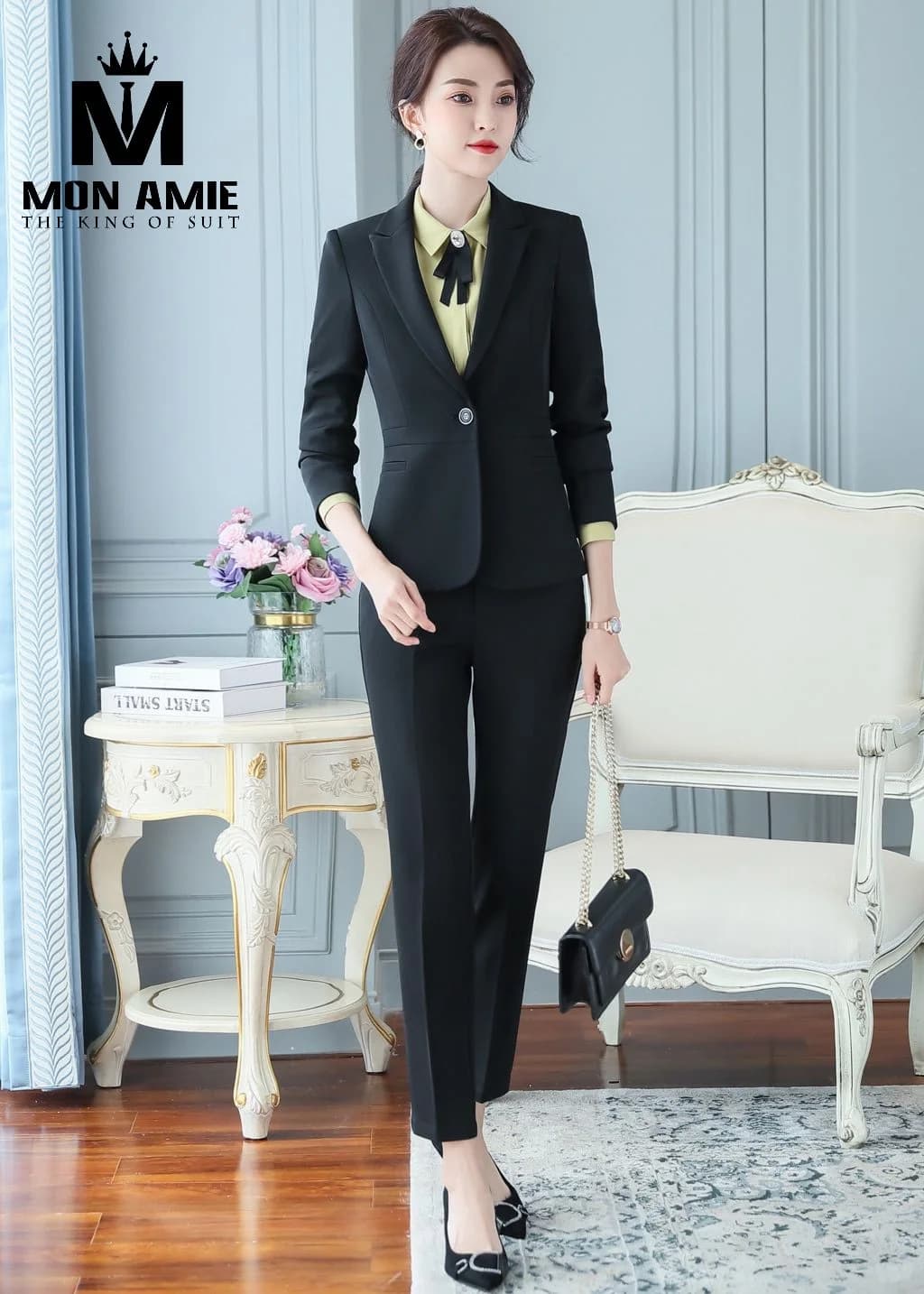 Suit Nữ Đen Cúc Pha Lê Một Nút Quần Ống Suông