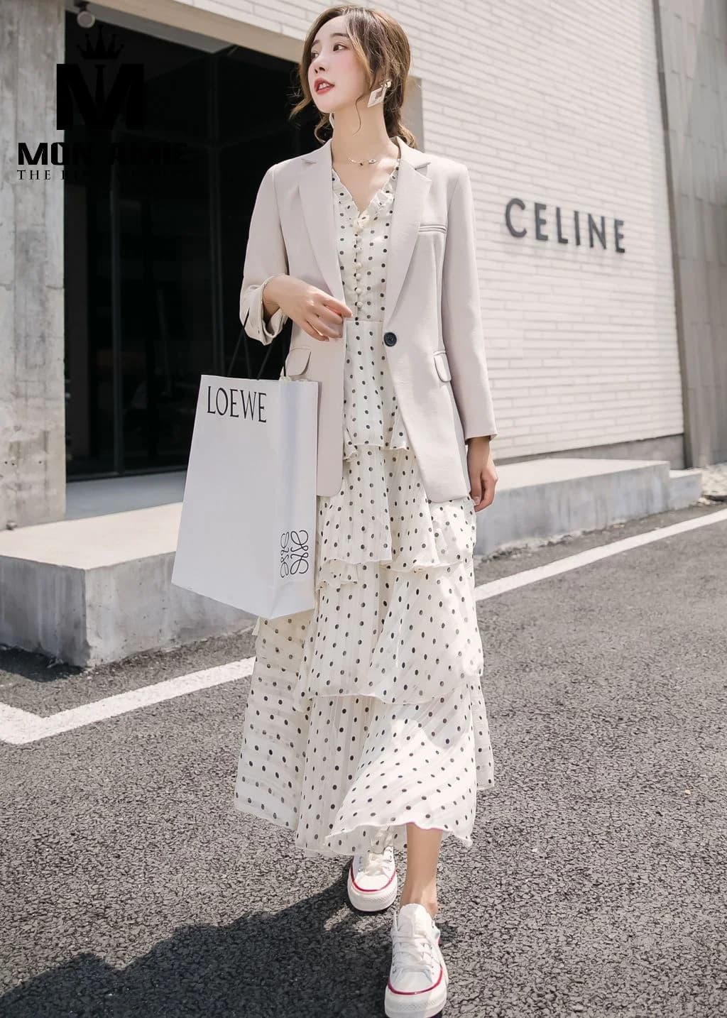 Blazer Nữ Be Kem Một Nút Dáng Suông Tay Xắn