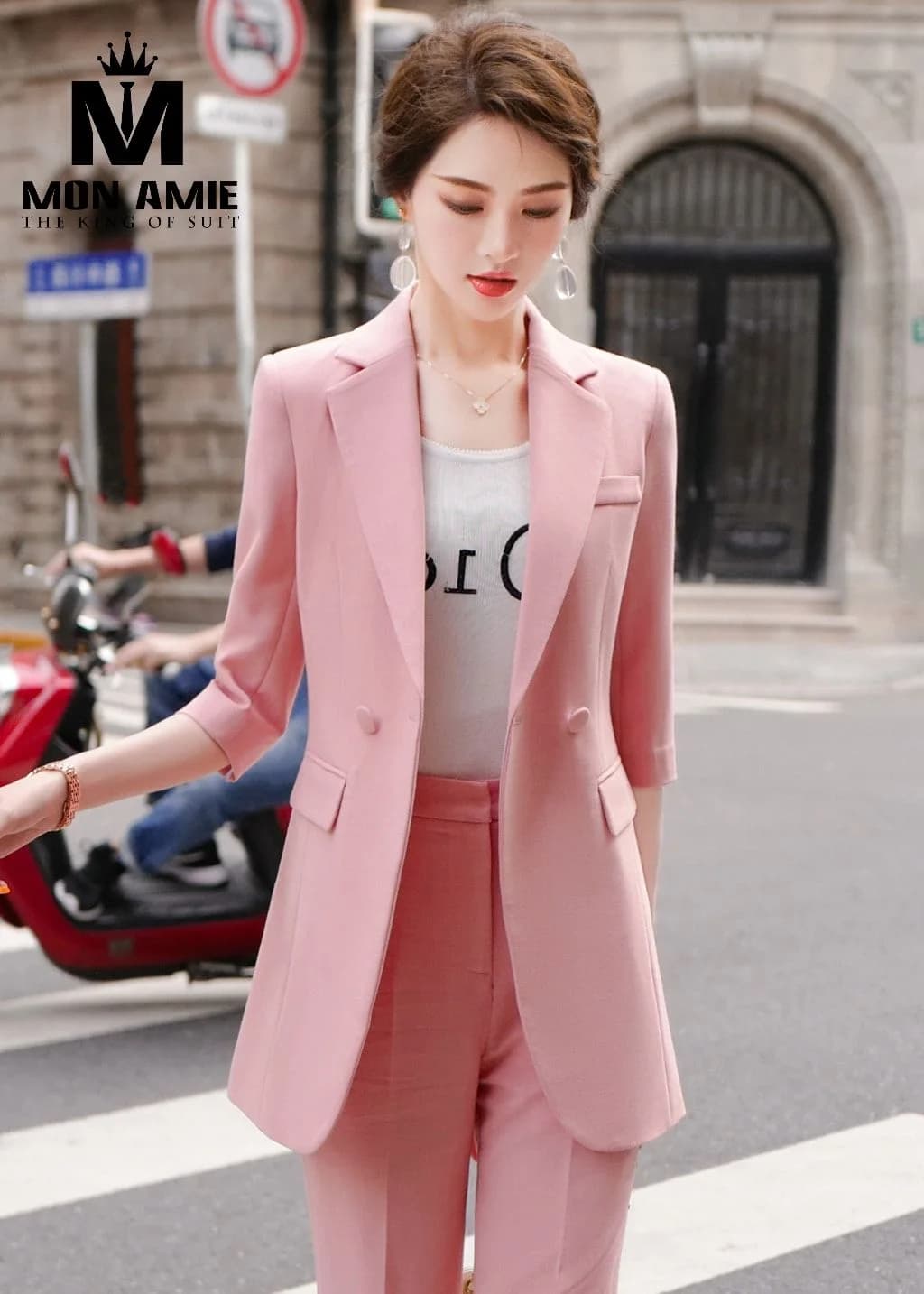 Suit Nữ Hồng Phấn Blazer Dài Tay Lỡ Túi Nắp