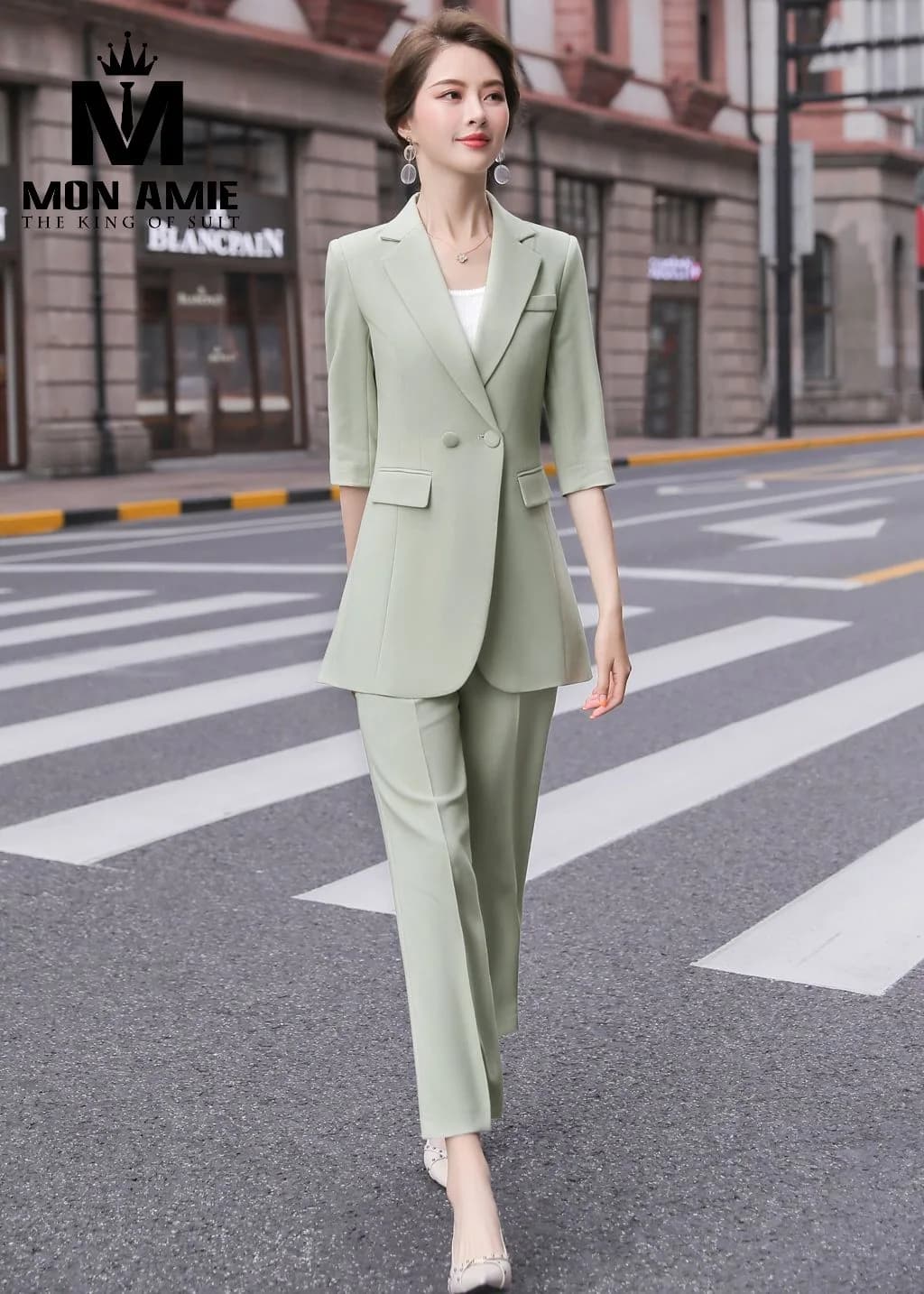 Suit Nữ Xanh Bạc Hà Tay Lỡ Hai Nút Quần Ống Suông