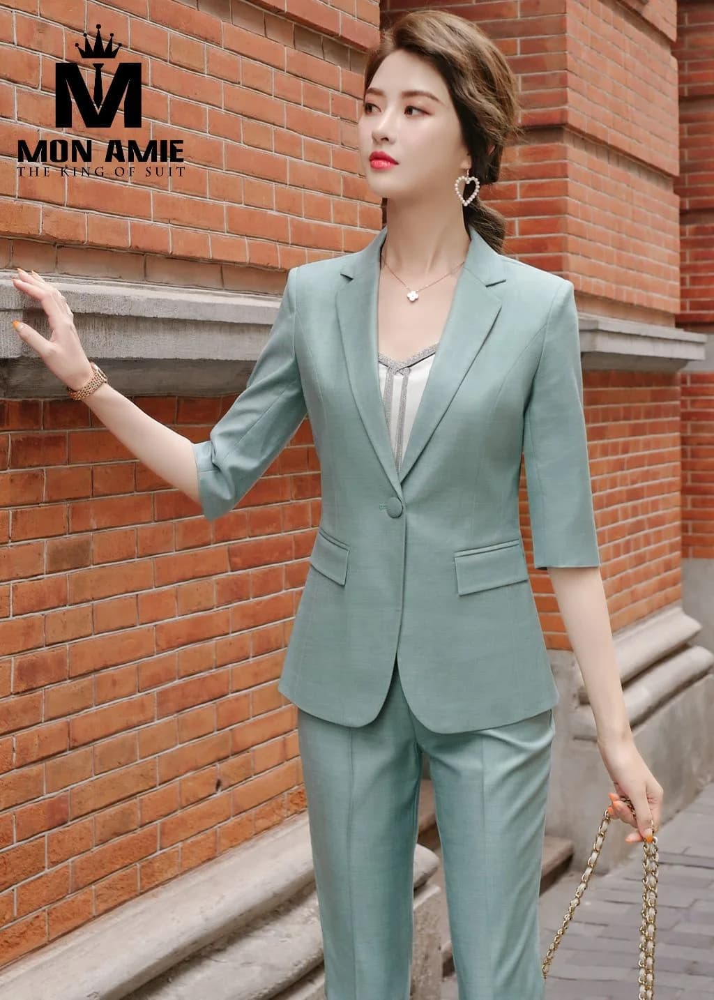 Suit Nữ Xanh Ngọc Nhạt Vải Vân Nổi Một Cúc Tay Lỡ