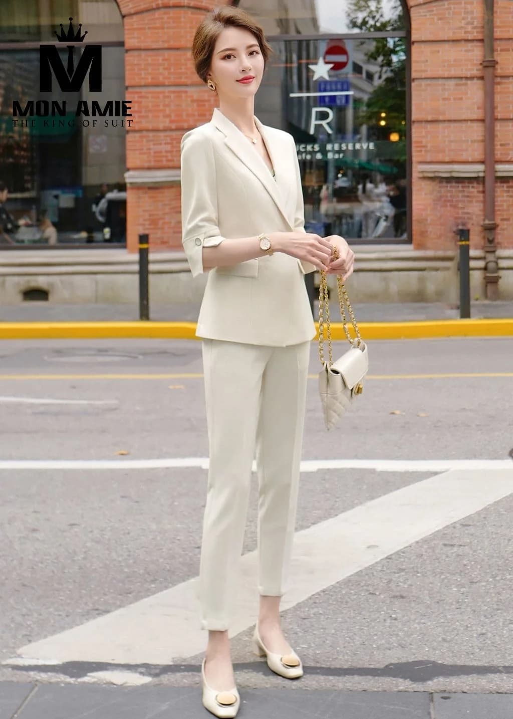 Suit Nữ Kem Ve Gọn Tay Lỡ Cài Khuy Cổ Tay