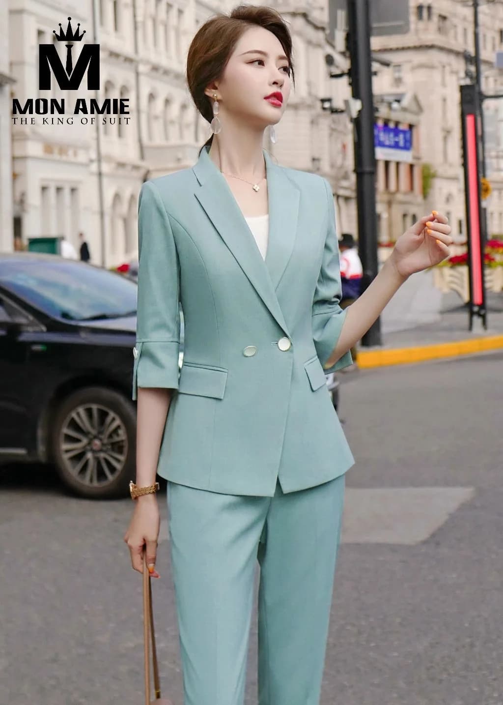 Suit Nữ Xanh Bạc Hà Hai Hàng Khuy Cửa Tay Gập