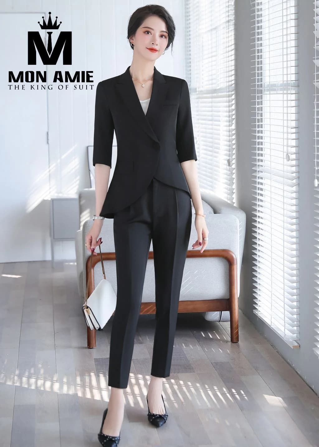 Suit Nữ Đen Một Khuy Tà Áo Cong Quần Âu Ôm Nhẹ