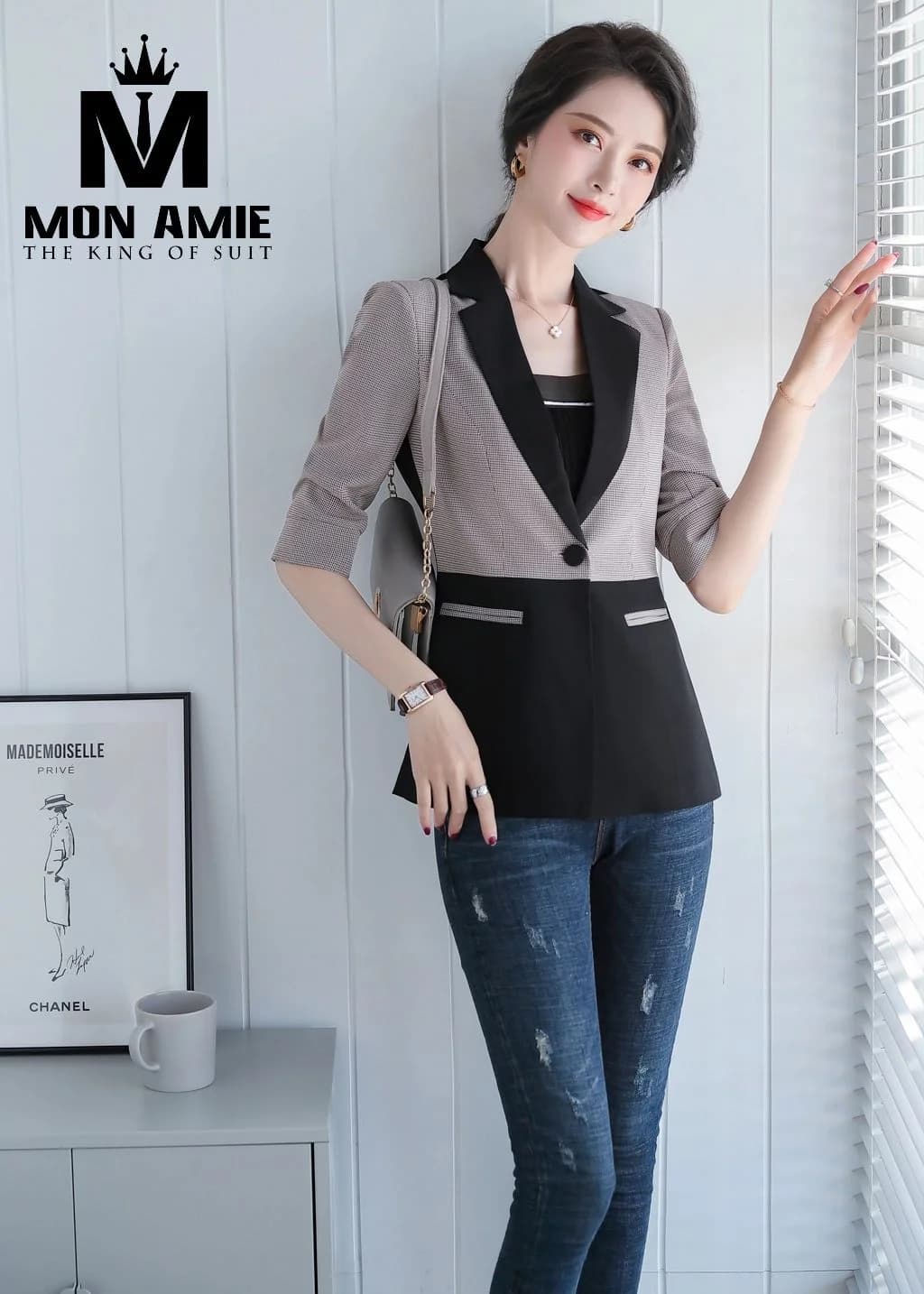 Áo Vest Nữ Ca-rô Nhỏ Xám Nâu Phối Đen Một Khuy