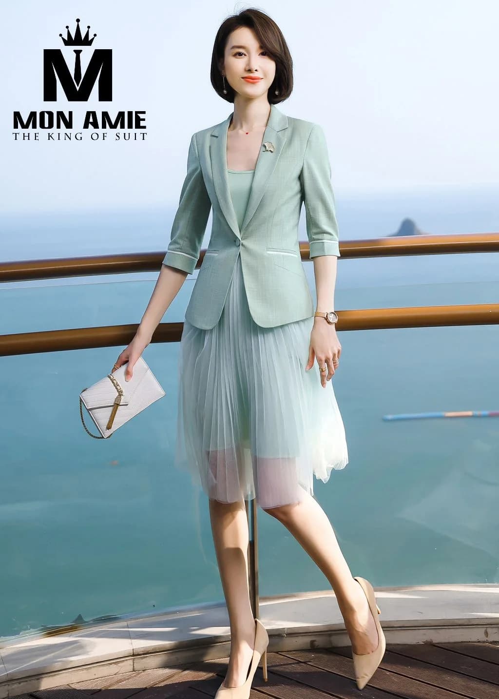 Áo Vest Nữ Xanh Mint Phối Đầm Voan Xếp Ly Cùng Tông